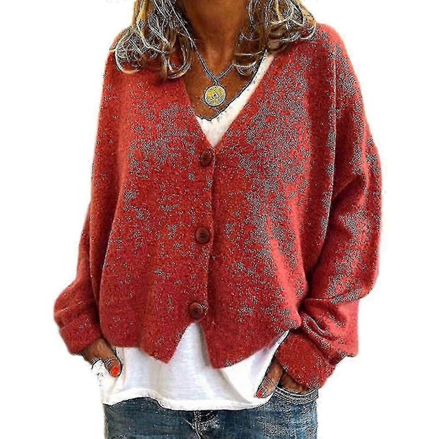 Womens Sweater Knitted Casual V-neck Solid Color Cardigan Sweater