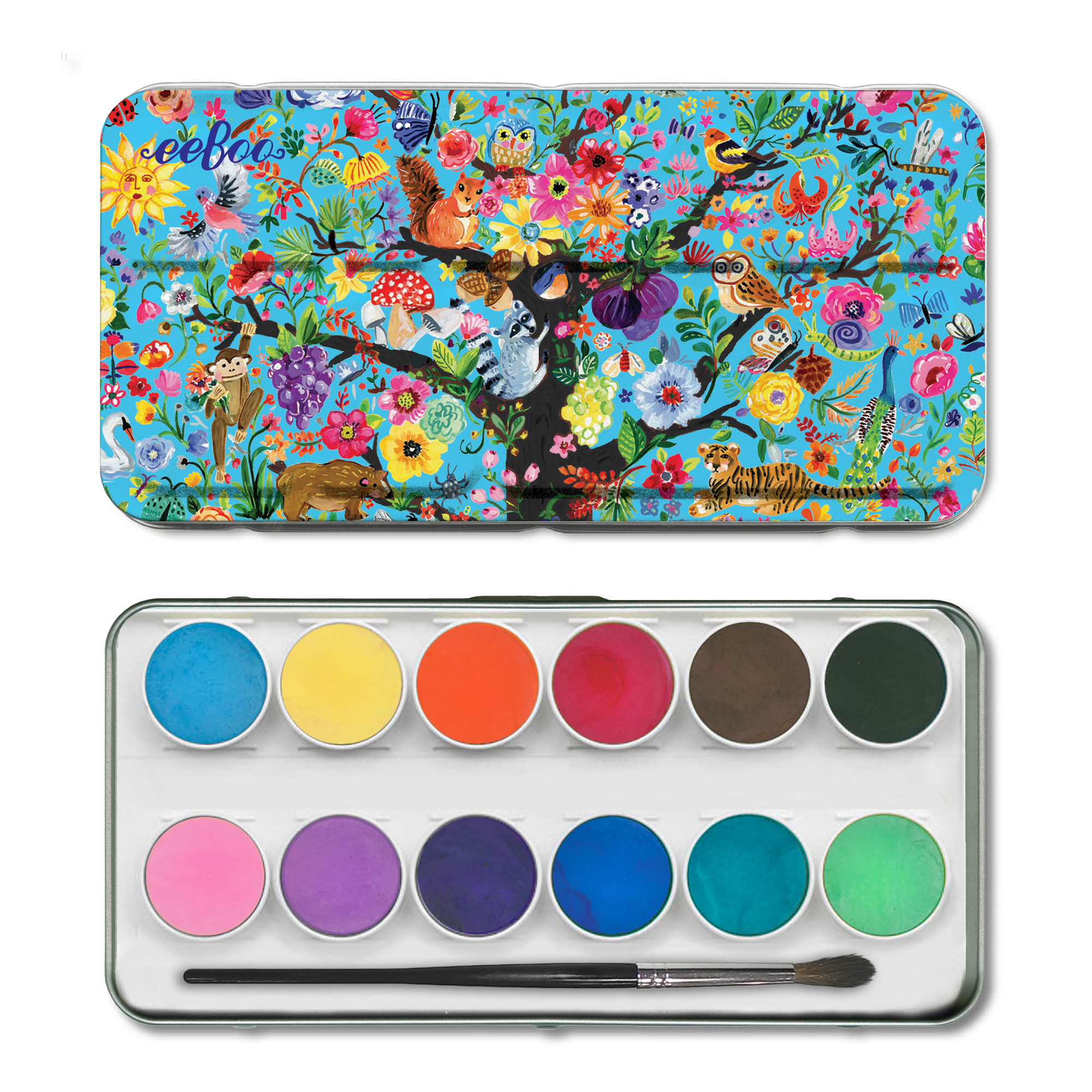 eeBoo: Tree of Life 12 Watercolors - Paint Set w/ High Quality Brush, Beautiful Design Tin Box, 12 Vibrant Colors, Kids Art Supplies, Ages 3+