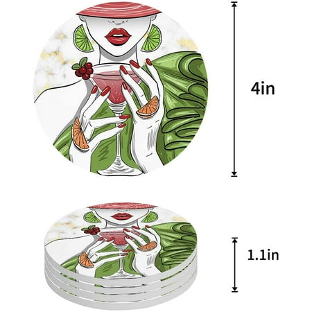 

ZHANZZK Woman Drinking a Cocktail Set of 4 Round Coaster for Drinks Absorbent Ceramic Stone Coasters Cup Mat with Cork Base for Home Kitchen Room Coffee Table Bar Decor