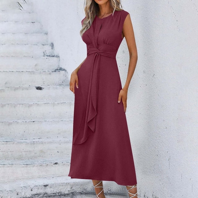 FcBaudy Robe Sans Manches Col Rond, Robes d'Été pour Femmes, Robes Élégantes pour Femmes Robe Longue Sans Manches Robe à Volants
