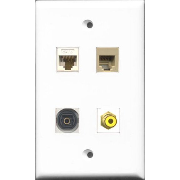 RiteAV 1 Port RCA Yellow and 1 Port Phone RJ11 RJ12 Beige and 1 Port Toslink and 1 Port Cat6 Ethernet White Wall Plate