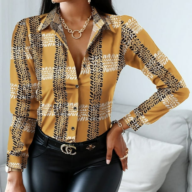 Camisas De Verano Camisas casuales para mujer Camisa de solapa estampada de oficina Blusa superior con botones (Amarillo M) Ygjytge para Mujer Amarillo T S