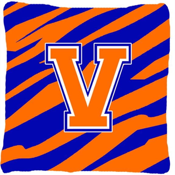 Monogram Initial V Tiger Stripe - Blue Orange Decorative Fabric Pillow