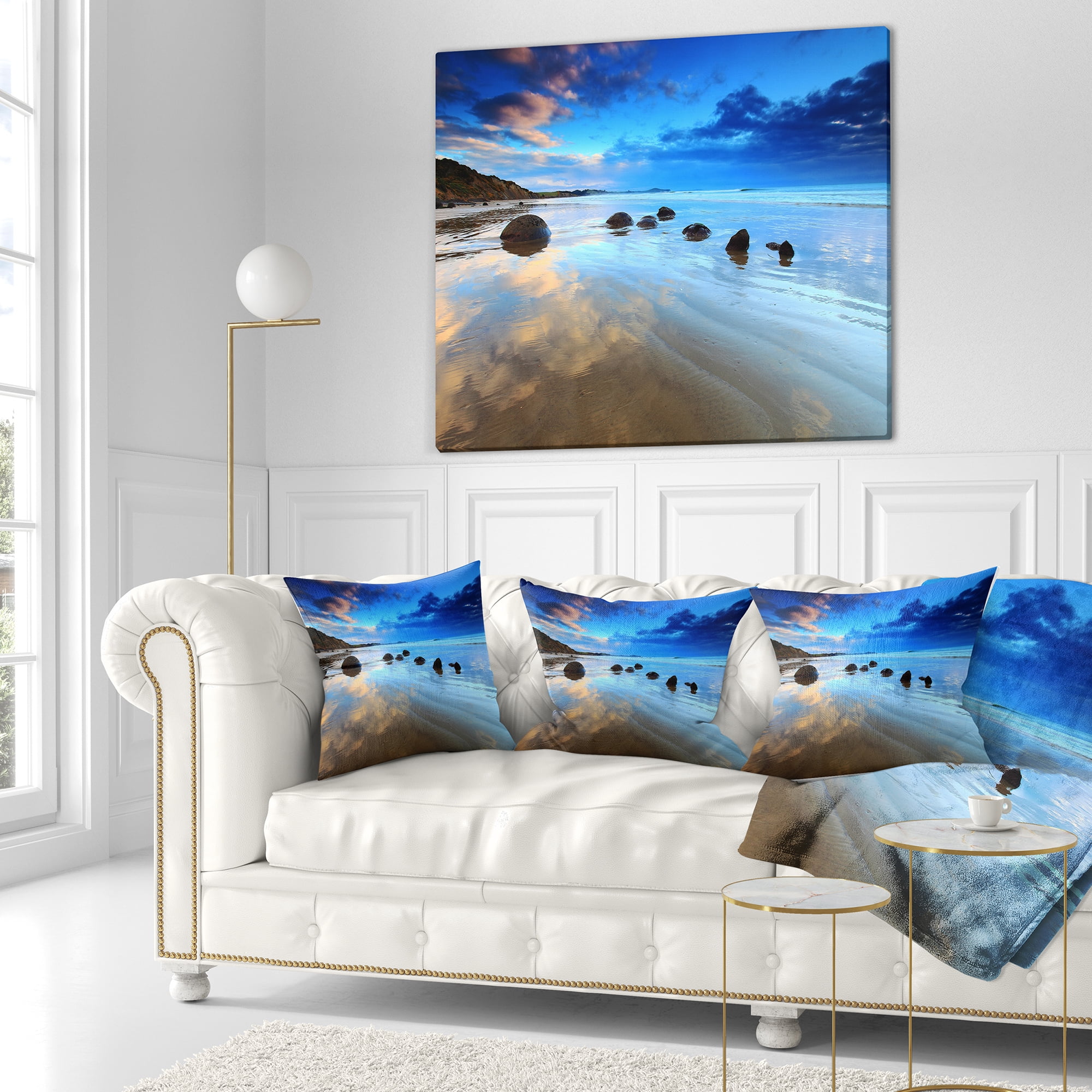 Designart Cloudy Sky Over Moeraki Boulders - Seashore Photo Throw Pillow - 18x18