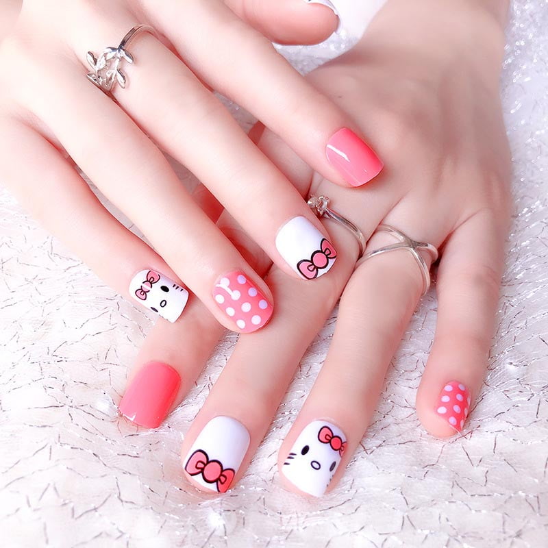 24pcs Popular Cute Pink Fake Nails Hello Kitty Short Candy Spots Strip Nails  Tips with Designs Acrylic False Nail Art | Walmart Canada