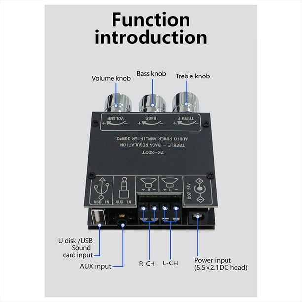 -302T Módulo Amplificador de Potencia Digital Bluetooth 2.0 Estéreo de Doble Canal 30W+30W con Tonos Altos y Bajos