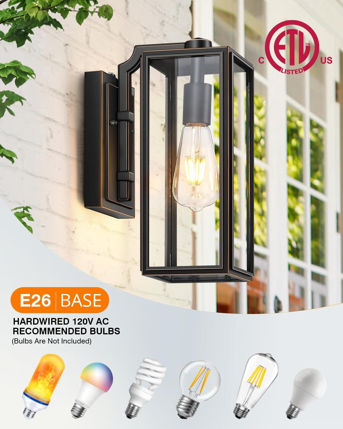 VIANIS Large Outdoor Wall Light Fixtures,Dusk to Dawn Outdoor Wall Lanterns,Anti-Rust Wall Mounted Lighting with Glass Shade, Black Wall Lamp with E26 Socket for Porch, 2 Pack