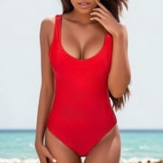 High Cut One Piece Swimsuit for Women, Low Back Scoop Neck Retro 80s Bathing Suit with Elastic Fit Tankini Style