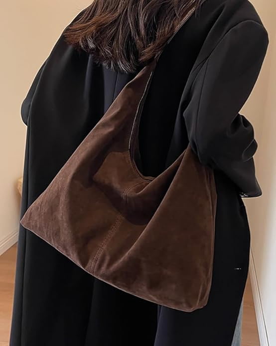 Lohol Trendy Suede Crescent Shoulder Bag Women Tote Bag Satchels Crossbody Purse Top-handle Travel College Work Tote Handbag-Coffee