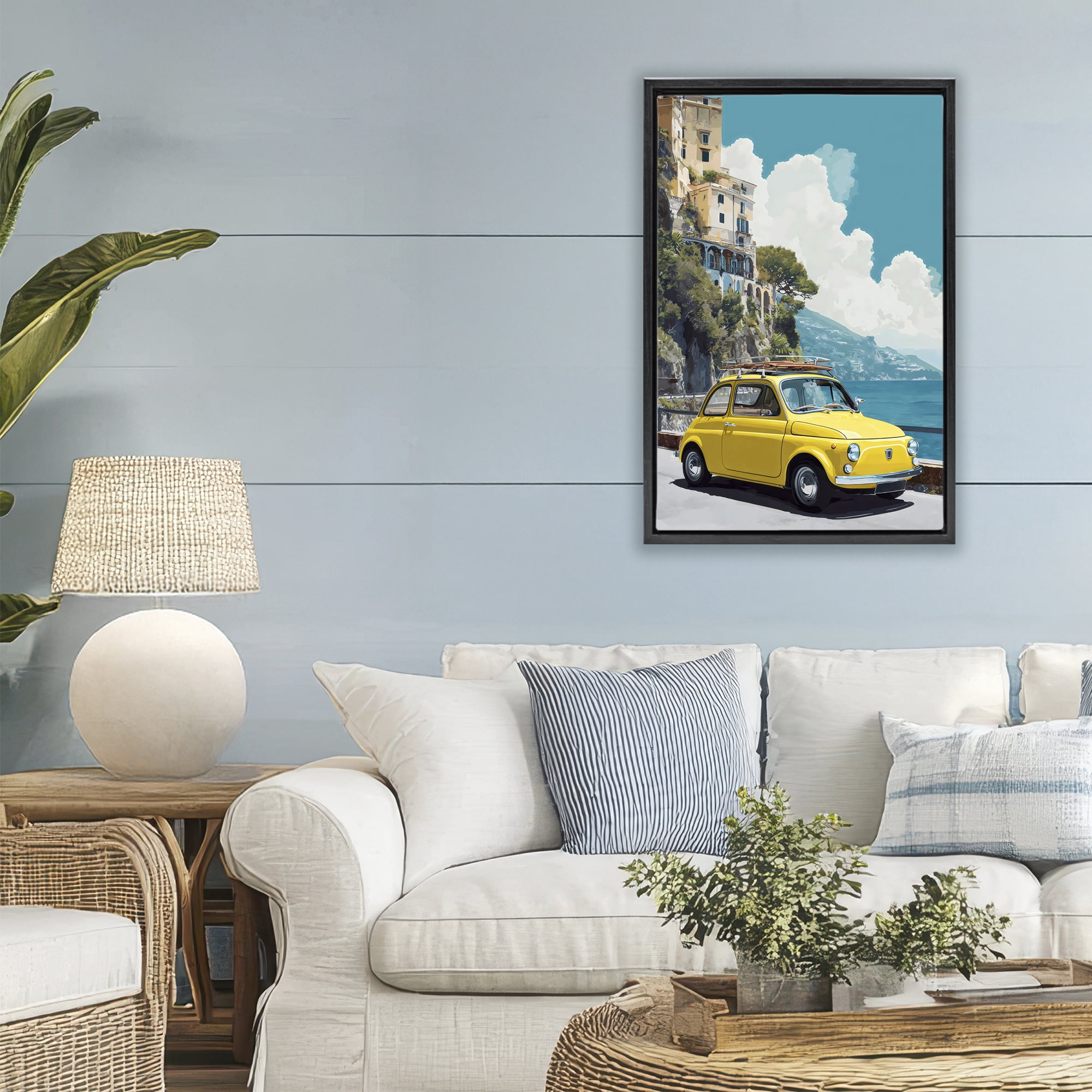 Stupell Industries Yellow Car on Coast Black Framed Floater Canvas Wall Art, design by Petal Prints Design