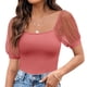 thumbnail image 1 of Camiseta con cuello cuadrado para mujer, camiseta con manga de malla transparente y lunares, mono acanalado, camisas cortas, color rosa XXL, 1 of 6