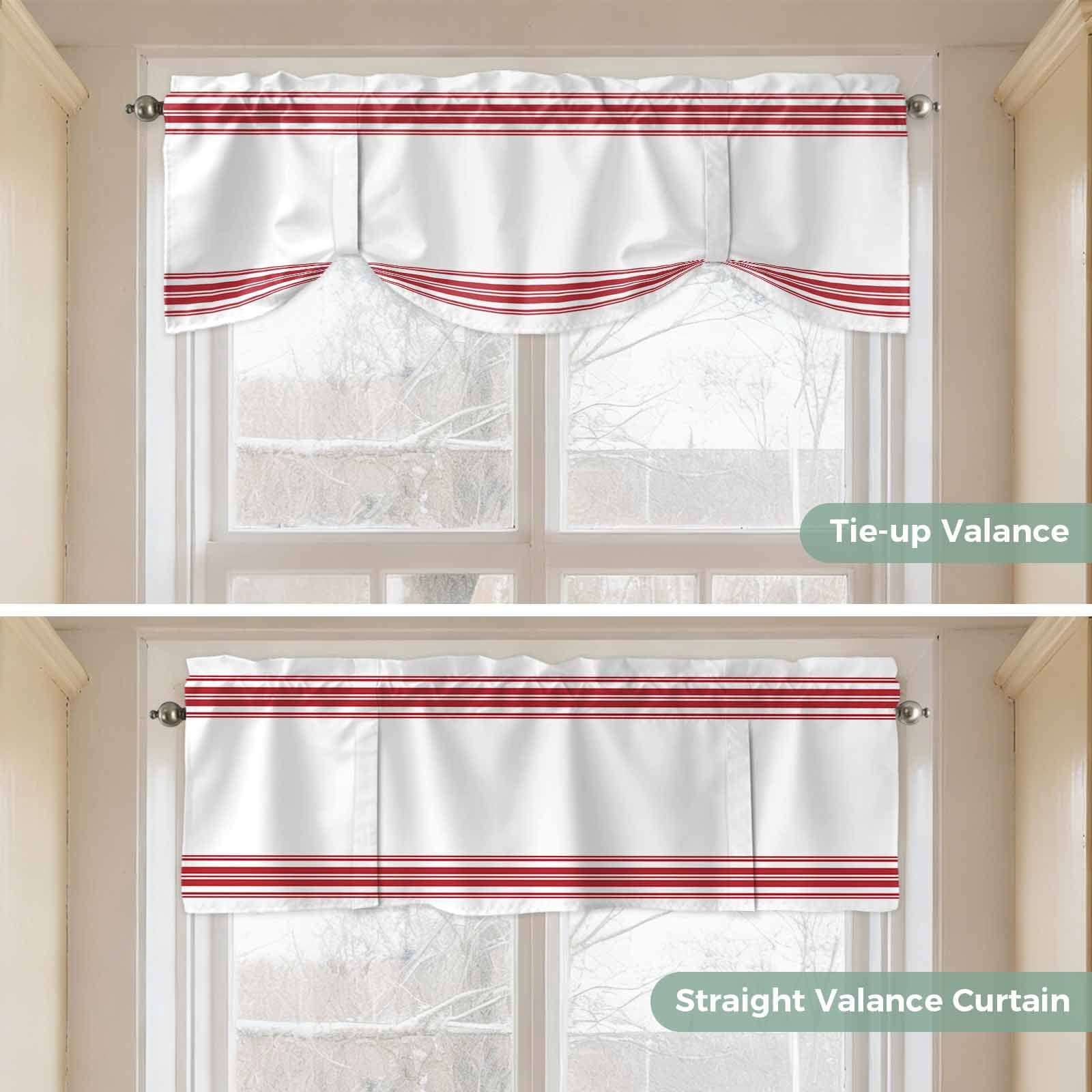 Farmhouse Red Tie Up Valances Curtain, Adjustable Kitchen Stripes Decoration Valances for Windows Decor, Rod Pocket Short Curtains Set for Bedroom/Bathroom, 60"x18"