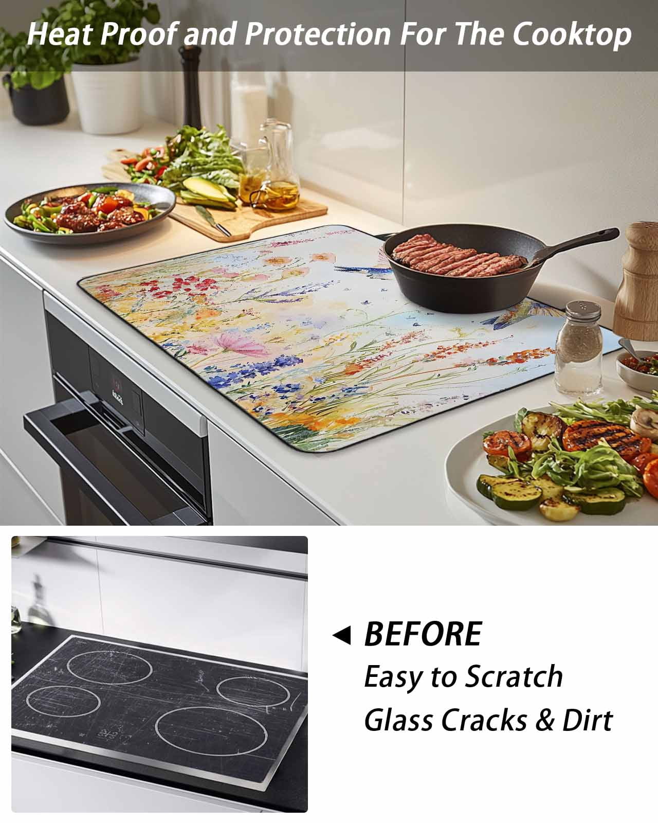 Stove Top Covers for Electric Stove, Spring Hummingbird Floral Glass Stovetop Cover Protector, Farmhouse Flower Botanical Induction Cooktop Protector Oven Mat for Kitchen Countertop 24"x21"