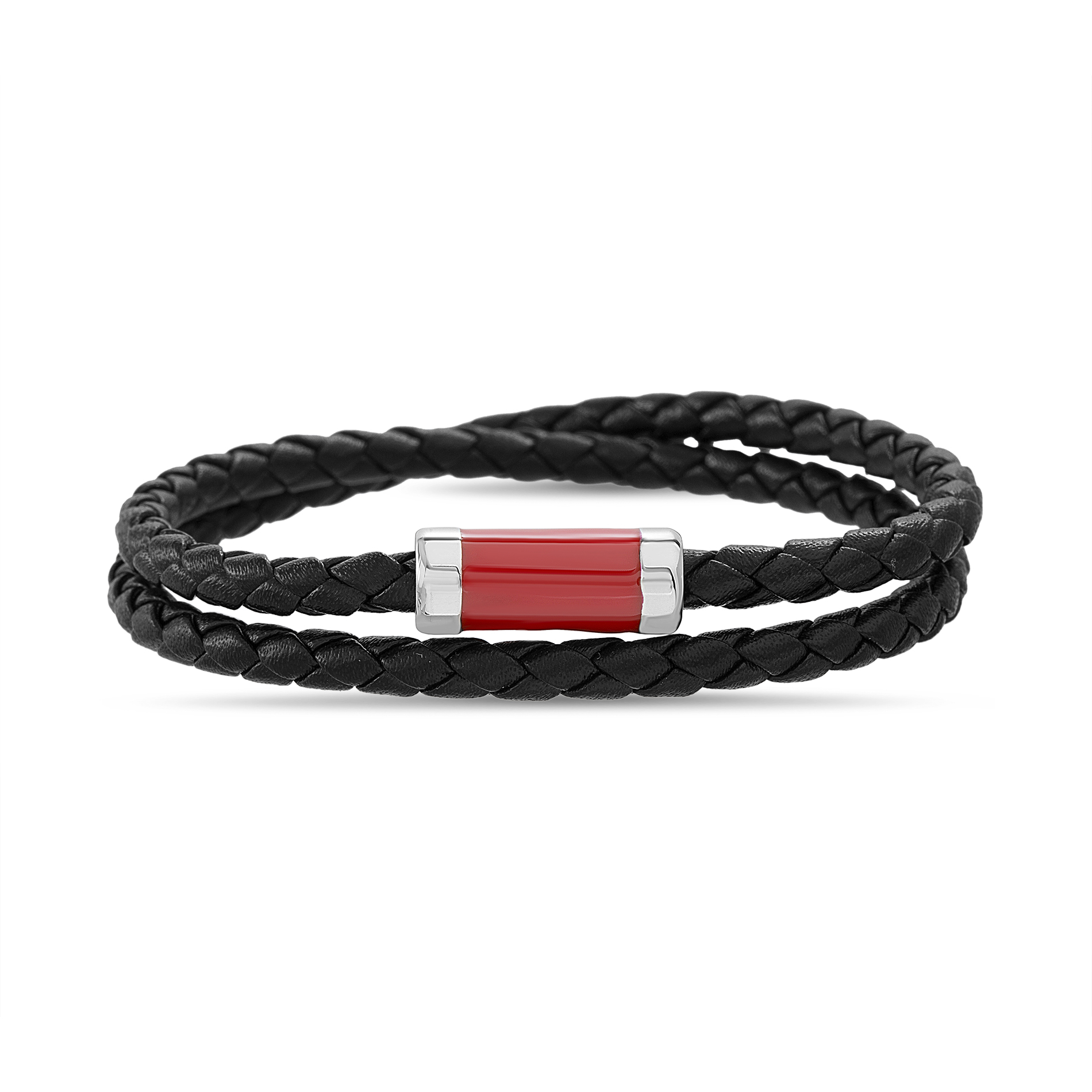 Mens Red Center Black Braided Wrap Bracelet