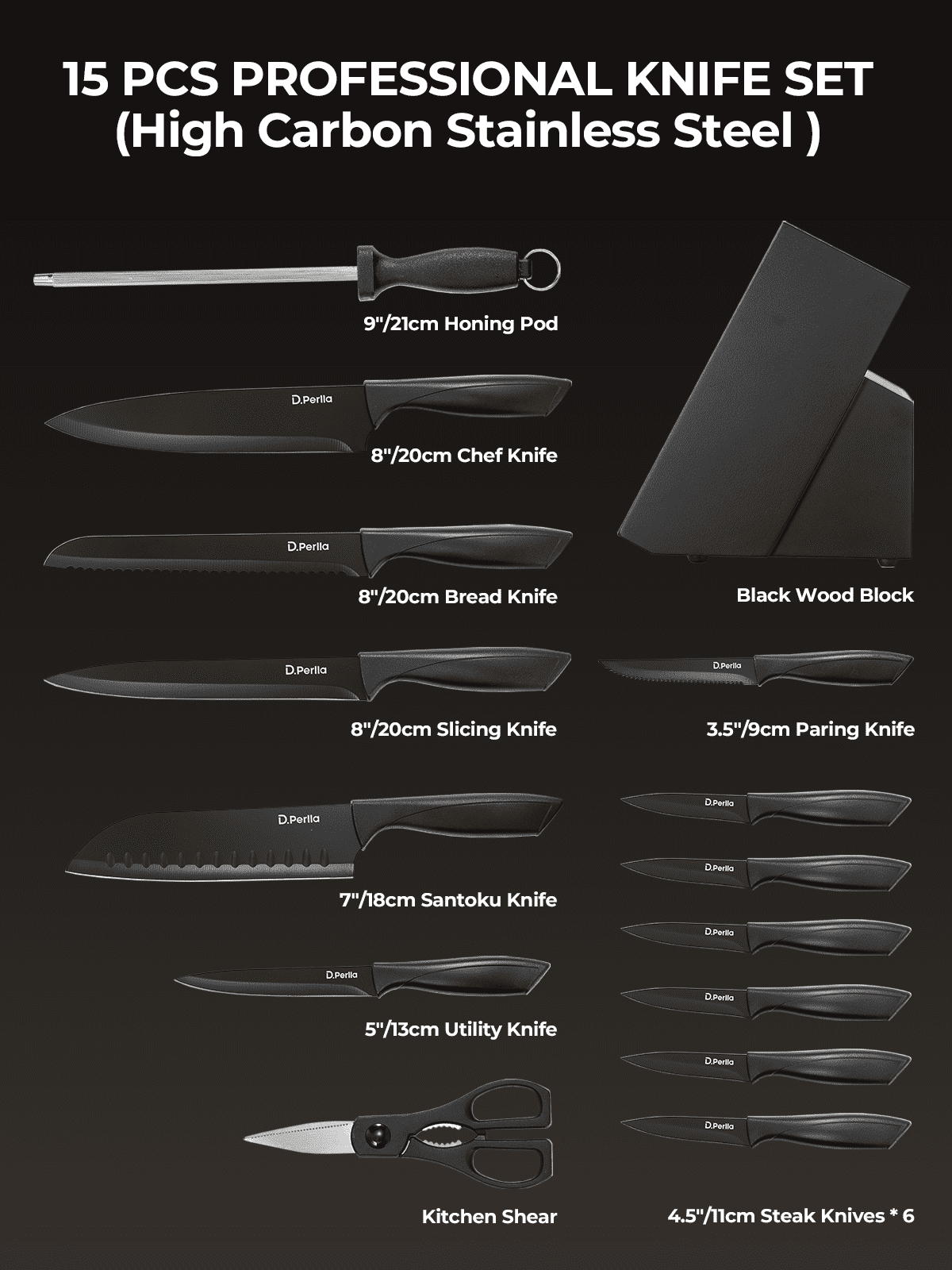D.Perlla Kitchen Knife Set, 15 Pieces High Carbon Stainless Steel Knife Block Set with Anti-Rust & Non-stick Coating, Dishwasher Safe
