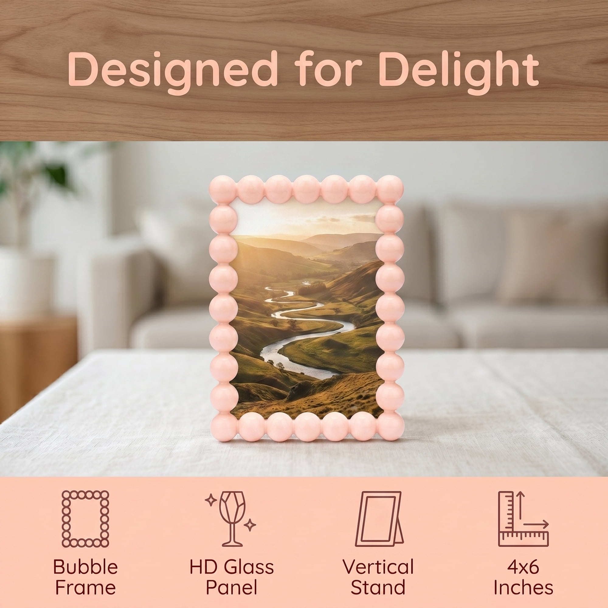 Unique Bargains Beaded Resin Picture Frame with Glass Elegant Pearl Border Pink 4" x 6"