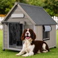 thumbnail image 4 of PETSCOSSET Wooden Dog House with Asphalt Roof ,Pet House with PVC Door Curtain and Window for outdoor, 30.5" L x 41" W x 39" H, Gray, 4 of 10