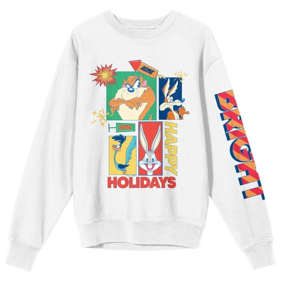 Looney Tunes Bright Holidays Crew Neck Long Sleeve White Adult Sweatshirt-Medium