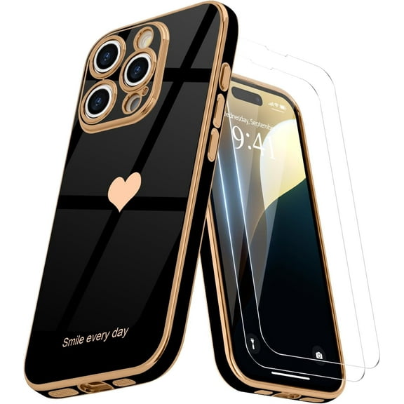 3-in-1 Entronix Bundle for iPhone 16 Pro, Love Heart Cute Slim Case 2 Screen Protector, Black