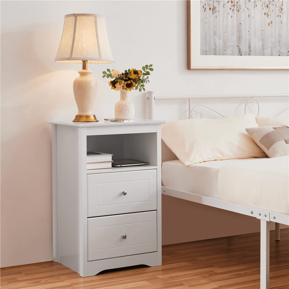 Yaheetech Nightstands with 2 Drawers & Open Shelf, Wooden Bedside Tables for Bedroom, Set of 2, White