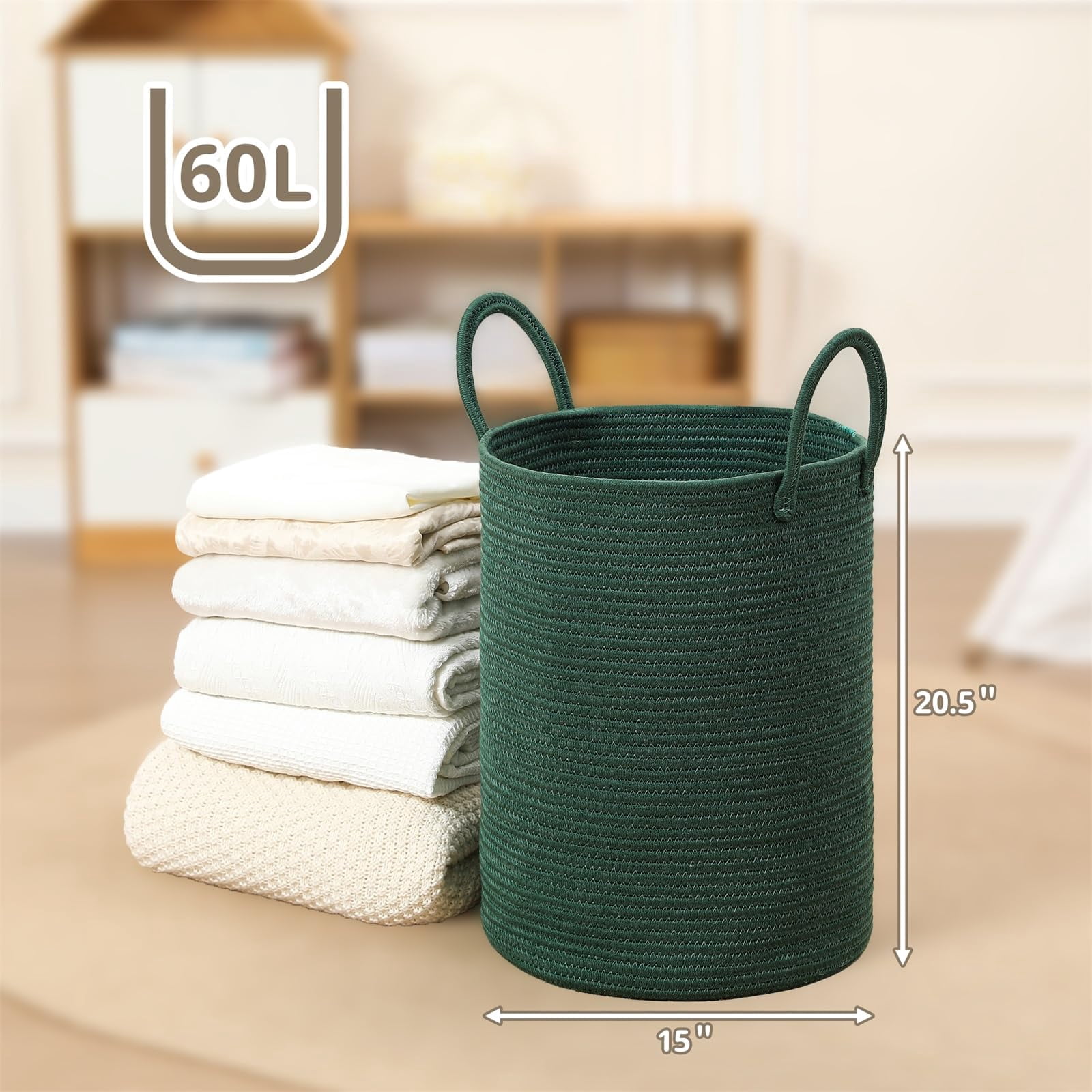 60L Large Woven Laundry Basket Hamper, 100% Natural Cotton Rope, Handwoven & Durable, Storage for Blankets, Toys, Clothes, Nursery Hamper for Living Room, Baby Room, Bedroom (Brown and White)