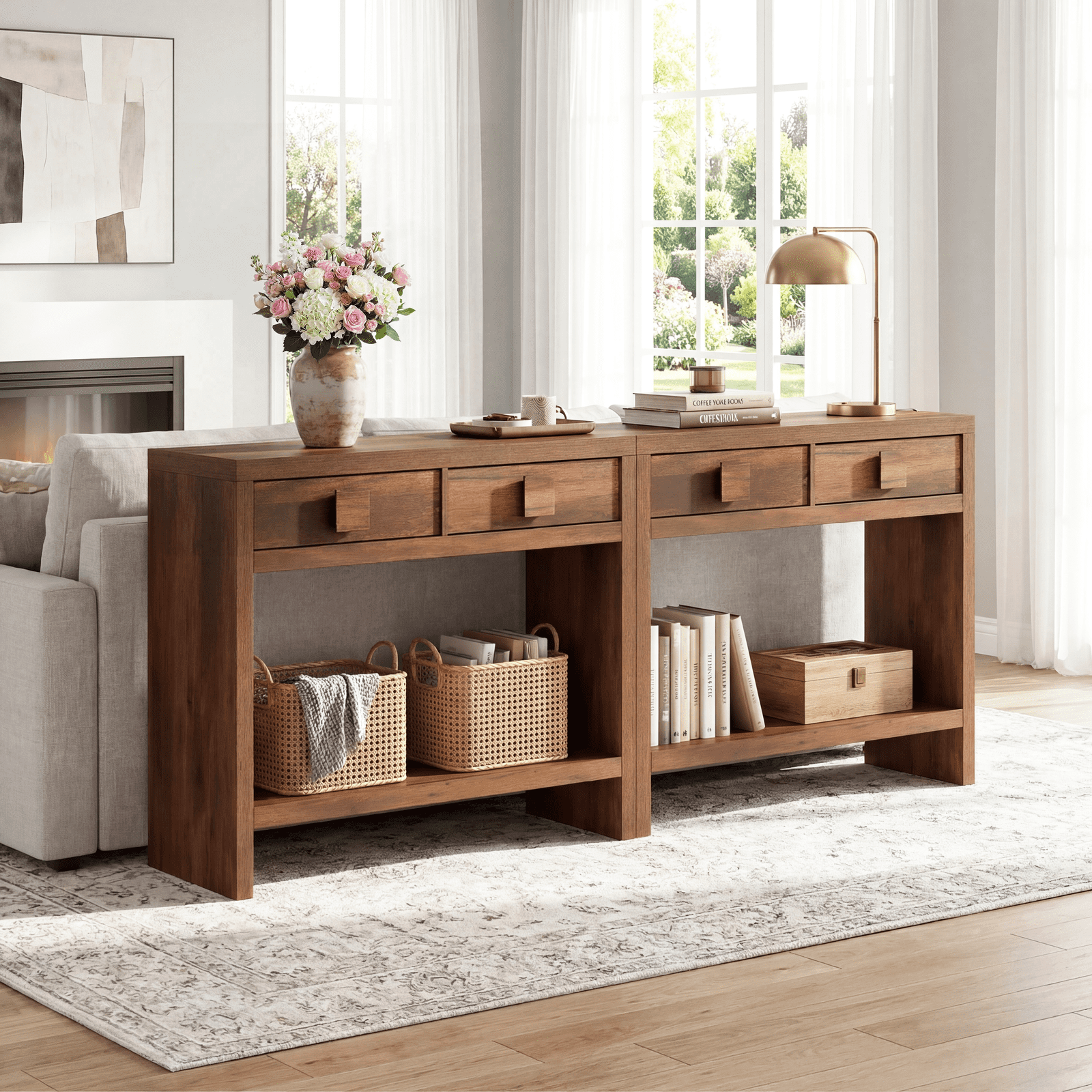 ROGALIS Console Table with Drawers, 40 Inch Narrow Entryway Table with Open Storage Shelves for Living Room