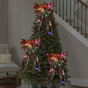 Large Silver Lighted Christmas Bows with Lights, 14" Transparent Bow Ribbon Pre-Lit Colorful Wreath Bows Light up Christmas Tree Topper Decor, Glitter Snowflakes Finish Bows Wreath Indoor Outdoor