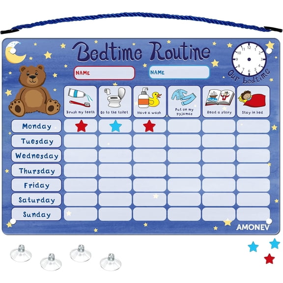 Amonev Magnetic Bedtime Routine Chart Reward Chart and Sleep Training Stay in Bed Chart for Boys Girls Toddlers and Young Children with 50 Magnetic Stars Included