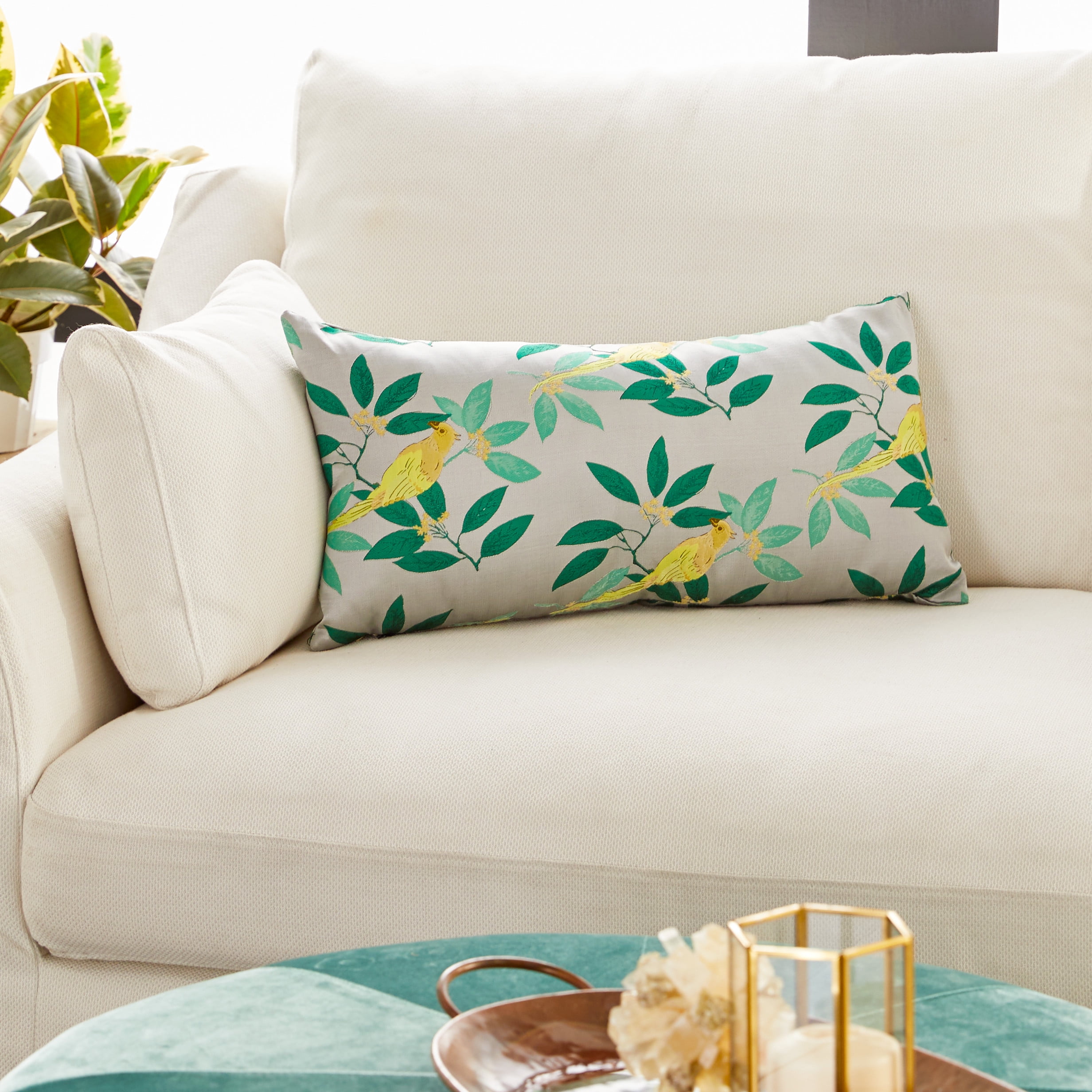 Decmode White Rectangular Throw Pillow with Yellow Birds and Green