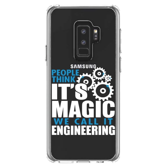 DistinctInk Clear Shockproof Hybrid Case for Samsung Galaxy S9  PLUS (6.2" Screen) - TPU Bumper Acrylic Back Tempered Glass Screen Protector - People Think It's Magic It's Engineering