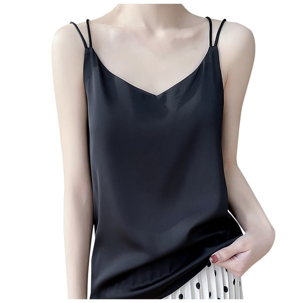 Camiseta de seda satinada para mujer: cuello en V, tirantes finos, blusa sin espalda, poliéster, para ropa informal y de dormir