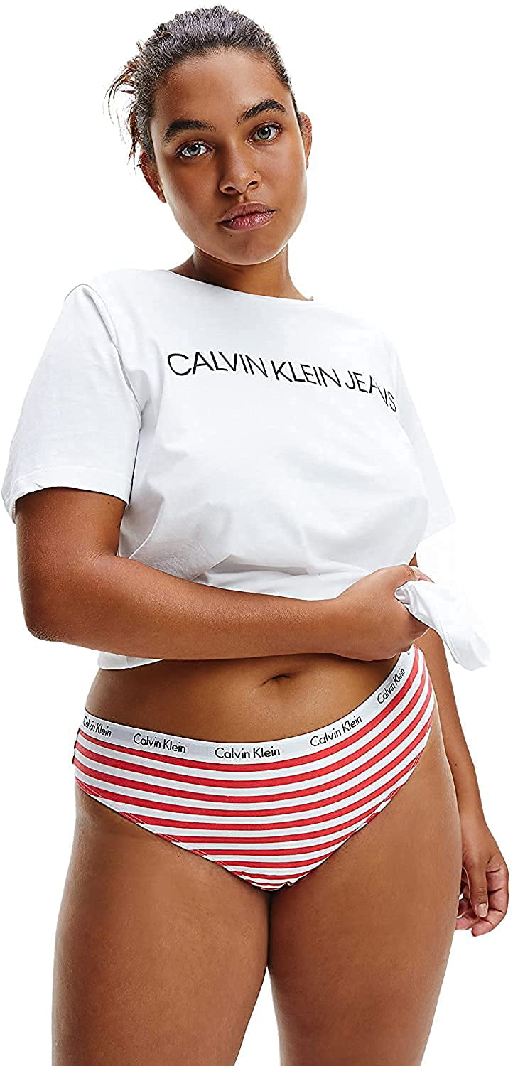Calvin Klein Womens Carousel Logo Cotton Thong Panty 3 Pack 3 Rainer Stripe/Strawberry  Shake/Black Medium 