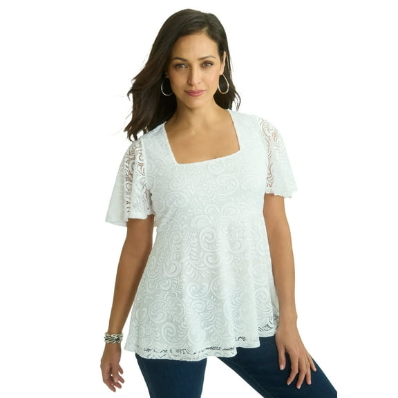 Jessica London Women's Plus Size Square Neck Lace Peplum Tunic