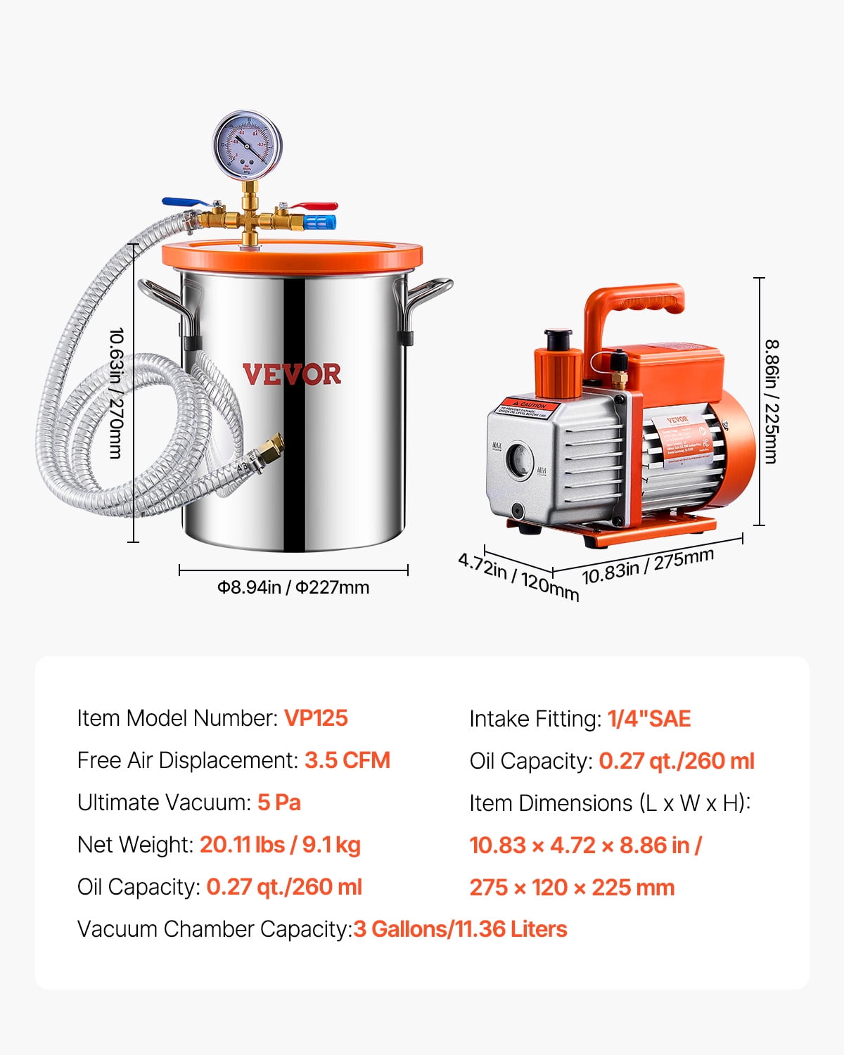 VEVOR 3 Gal Vacuum Chamber and 3.5 CFM Pump Kit, Stainless Steel Chamber, Single Stage Vacuum Pump Degassing Chamber Kit, with Acrylic Lid, Oil, 4.92 ft Hose, for Degassing Resin Silicone Epoxies