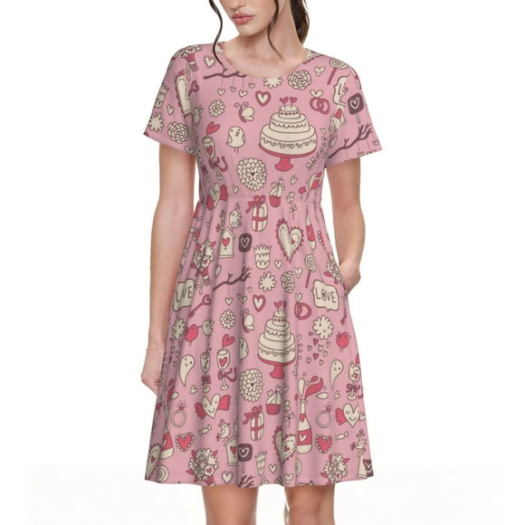 Saiise Cute Love Pattern Summer Dresses for Women Casual Tshirt Short Sleeve Floral Sundress Beach Cover Ups with Pockets