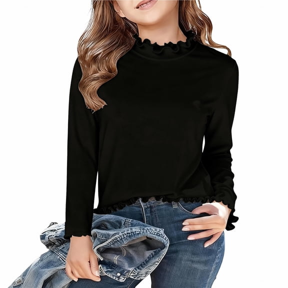 Ruyang Girls Ruffle Shirt Kids Long Sleeve Cotton Base Layer Top Winter Cute Trendy Thermal Plain Soft T Shirt
