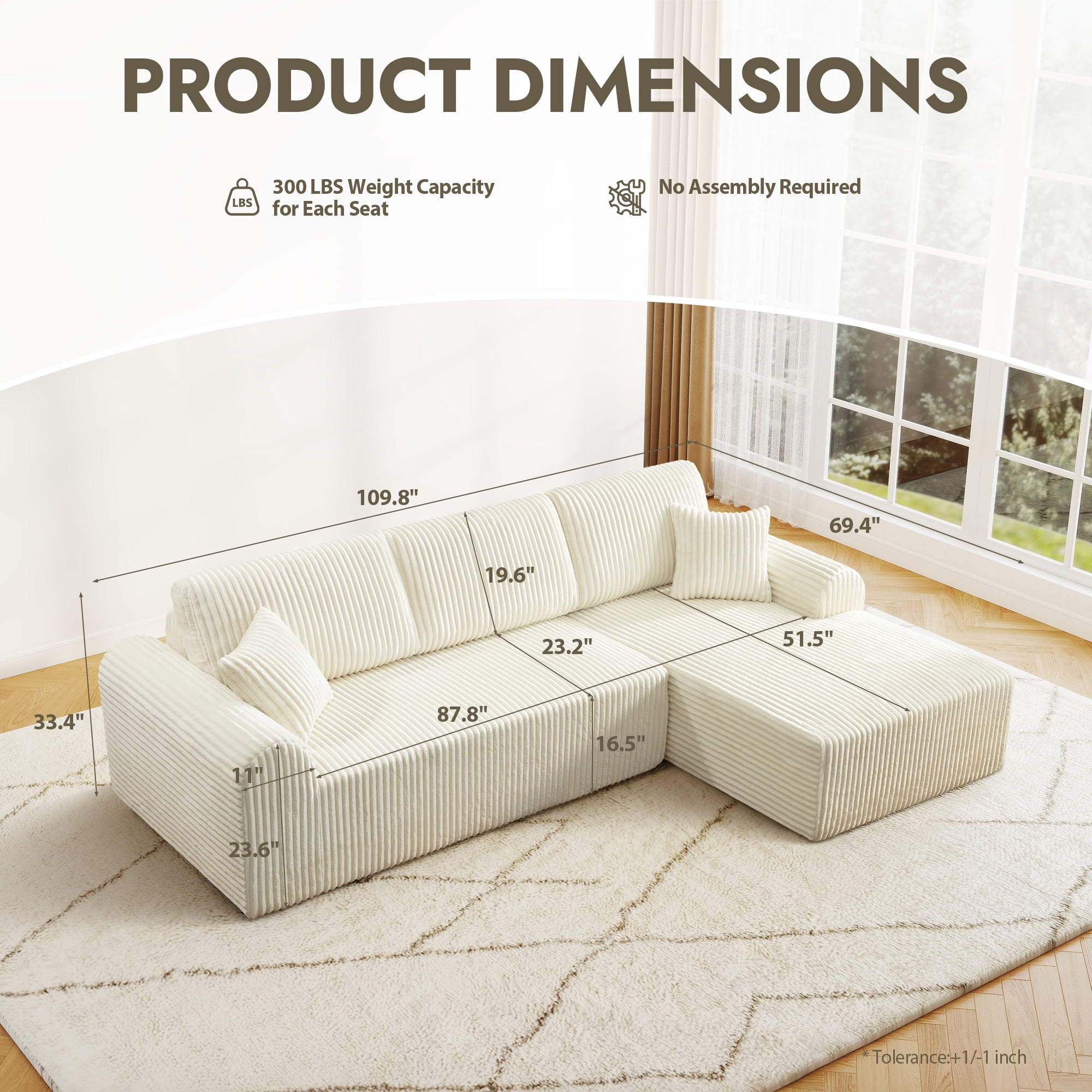 Aukfa 109" Modular Cloud Sectional Sofa with L-Shape Chaise, Corduroy Upholstered Deep Seat Couch, Right Facing Chaise, No Assembly Boneless Sofa for Living Room/Bedroom/Apartment, White