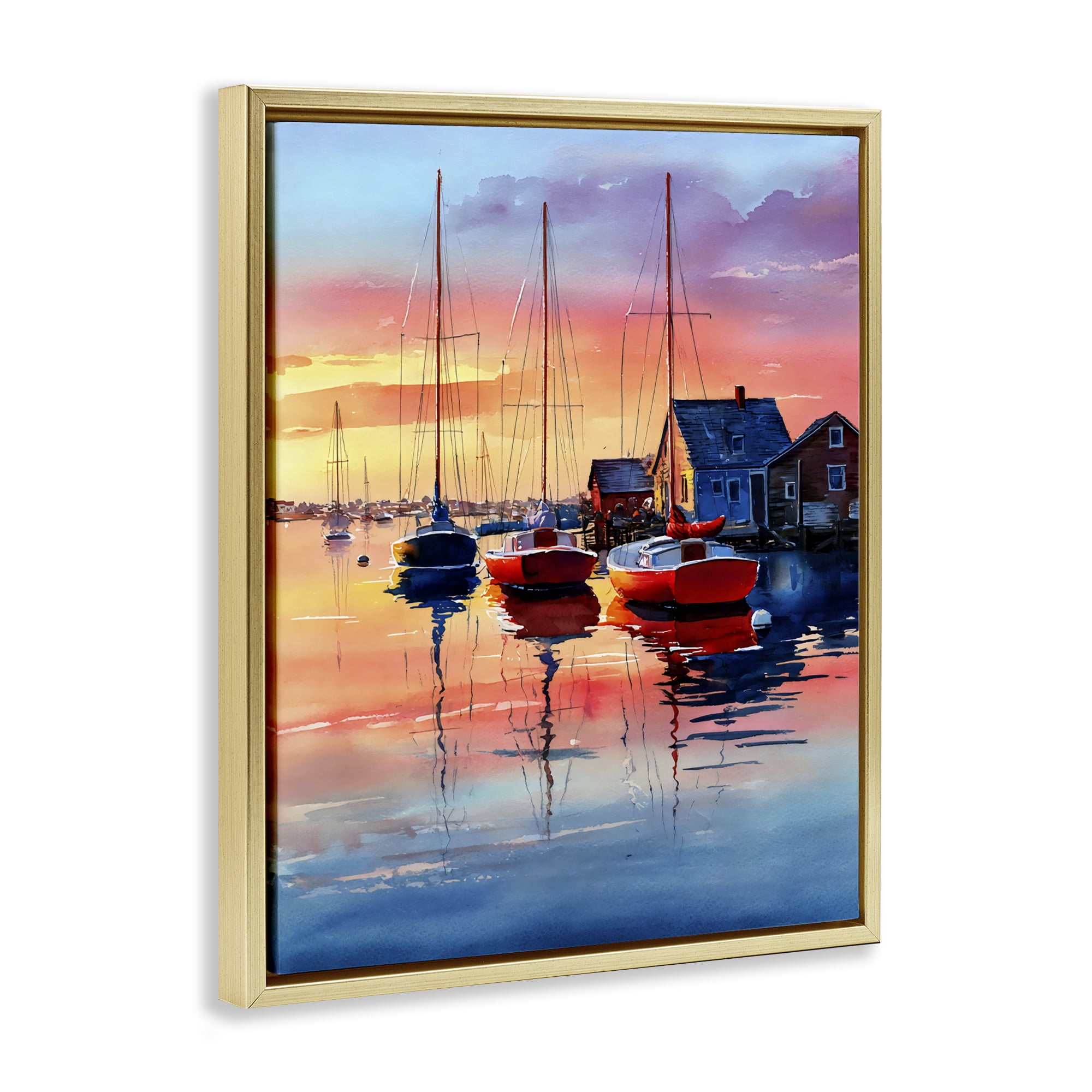Stupell Industries Vivid Sunset at Docks Gold Framed Floater Canvas Wall Art, design by Franklyn Gregory