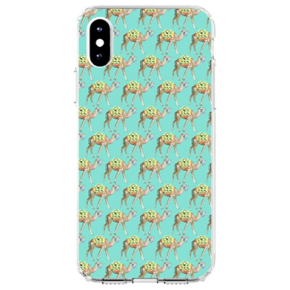 DistinctInk Clear Shockproof Hybrid Case for iPhone XS Max (6.5" Screen) - TPU Bumper, Acrylic Back, Tempered Glass Screen Protector - Preppy Pattern - Camels on Teal Background