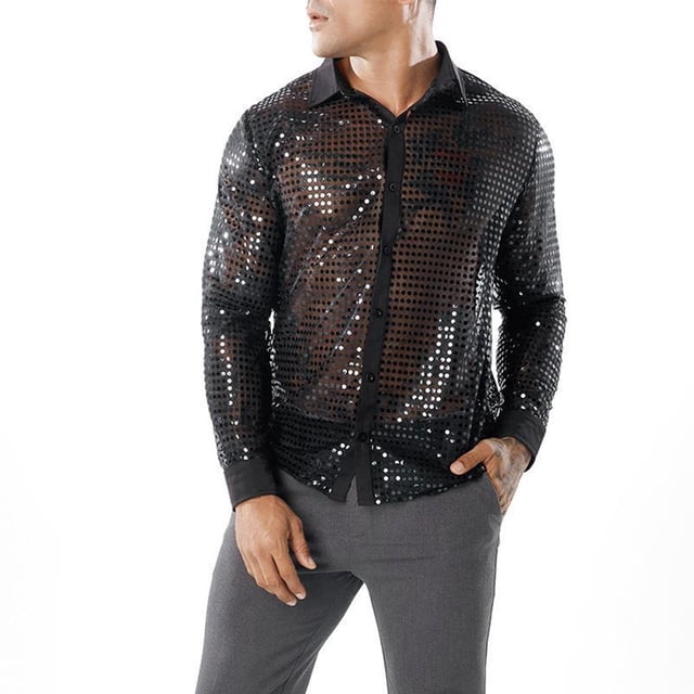 Lefu Mens Sparkly Sequins Party Dance Shirts Retro 70s Disco Nightclub Shirt Tops