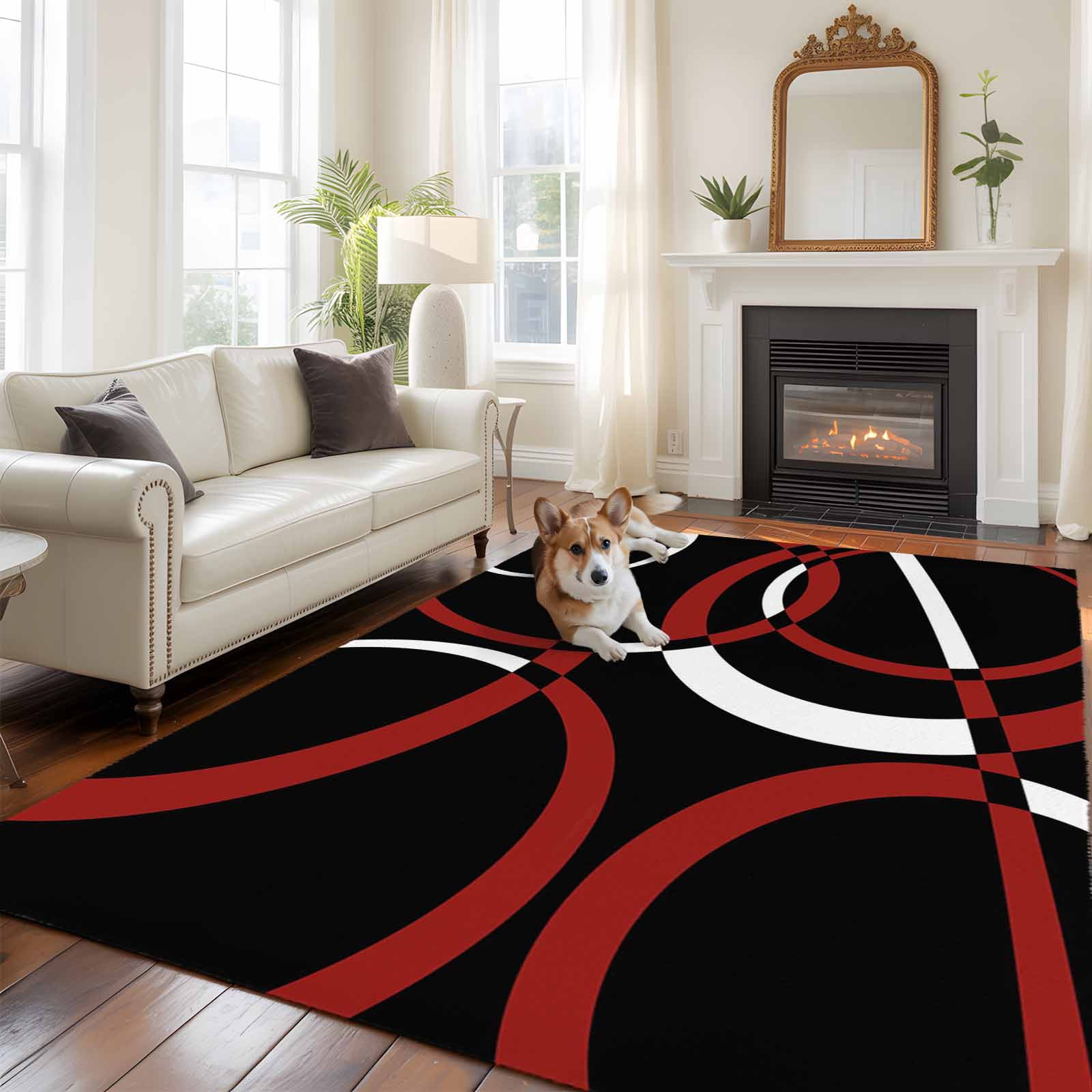 6x9 Area Rugs for Living Room, Red Geometric Non Slip Area Rugs for Kitchen Bedroom Entryway, Vintage Abstract Stripes Aesthetic Art Washable Carpet Runner Rug Floor Mats for Bedroom Home Decor