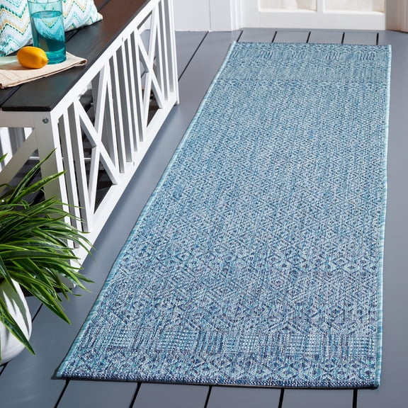 Safavieh Courtyard Evander Geometric Indoor/Outdoor Runner Rug, Aqua/Navy, 2'3" x 8'