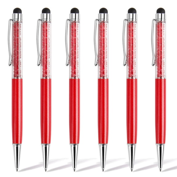 RETON 6-piece 2-in-1 pen ballpoint pen, black ink, extendable crystal diamond touch screen device, bling-capacitive pens for smartphones, notes, flap (red shell)