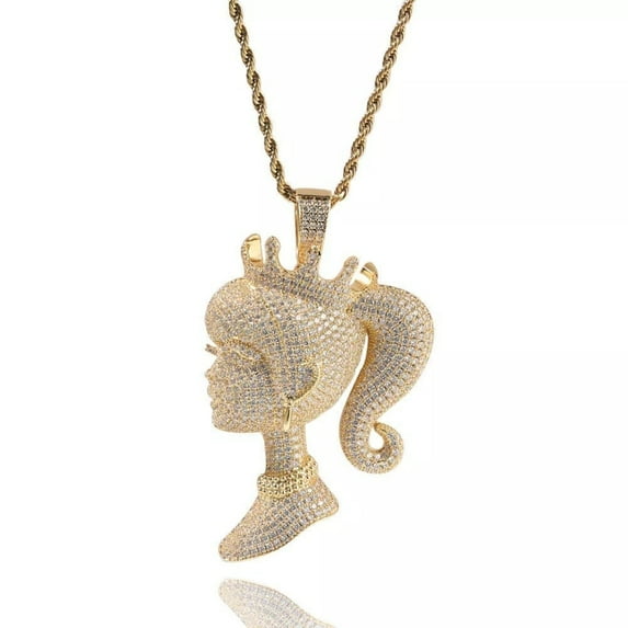 14K Gold Finish Simulated Diamond Custom Iced Out Hip Hop Bling 3D Queen Crown Lady Charm Pendant Necklace, Birthday Gift, Gift for her