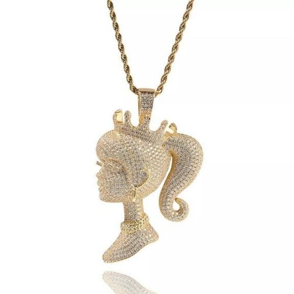 14K Gold Finish Simulated Diamond Custom Iced Out Hip Hop Bling 3D Queen Crown Lady Charm Pendant Necklace, Birthday Gift, Gift for her