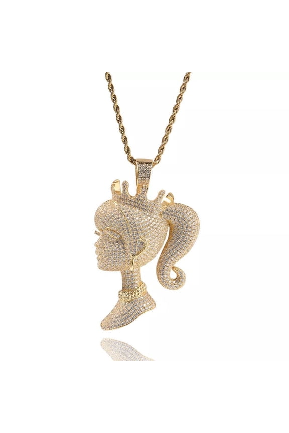 14K Gold Finish Simulated Diamond Custom Iced Out Hip Hop Bling 3D Queen Crown Lady Charm Pendant Necklace, Birthday Gift, Gift for her