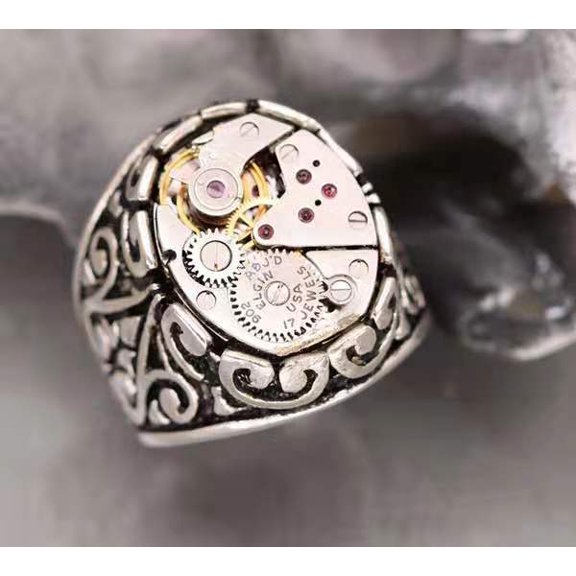 Mens Alloy Ring Geometric Mechanical Watch Movement Design Antique Silver Finish Statement Jewelry For Men Fashion