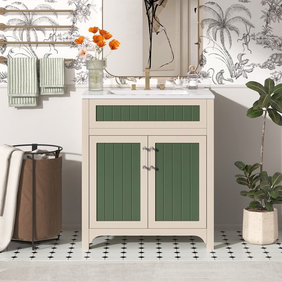 MIDOQIN 30” Bathroom Vanity with Sink, Wooden Modern Freestanding Bathroom Storage Cabinet with 2 Drawers & Ceramic Vessel Sink Top