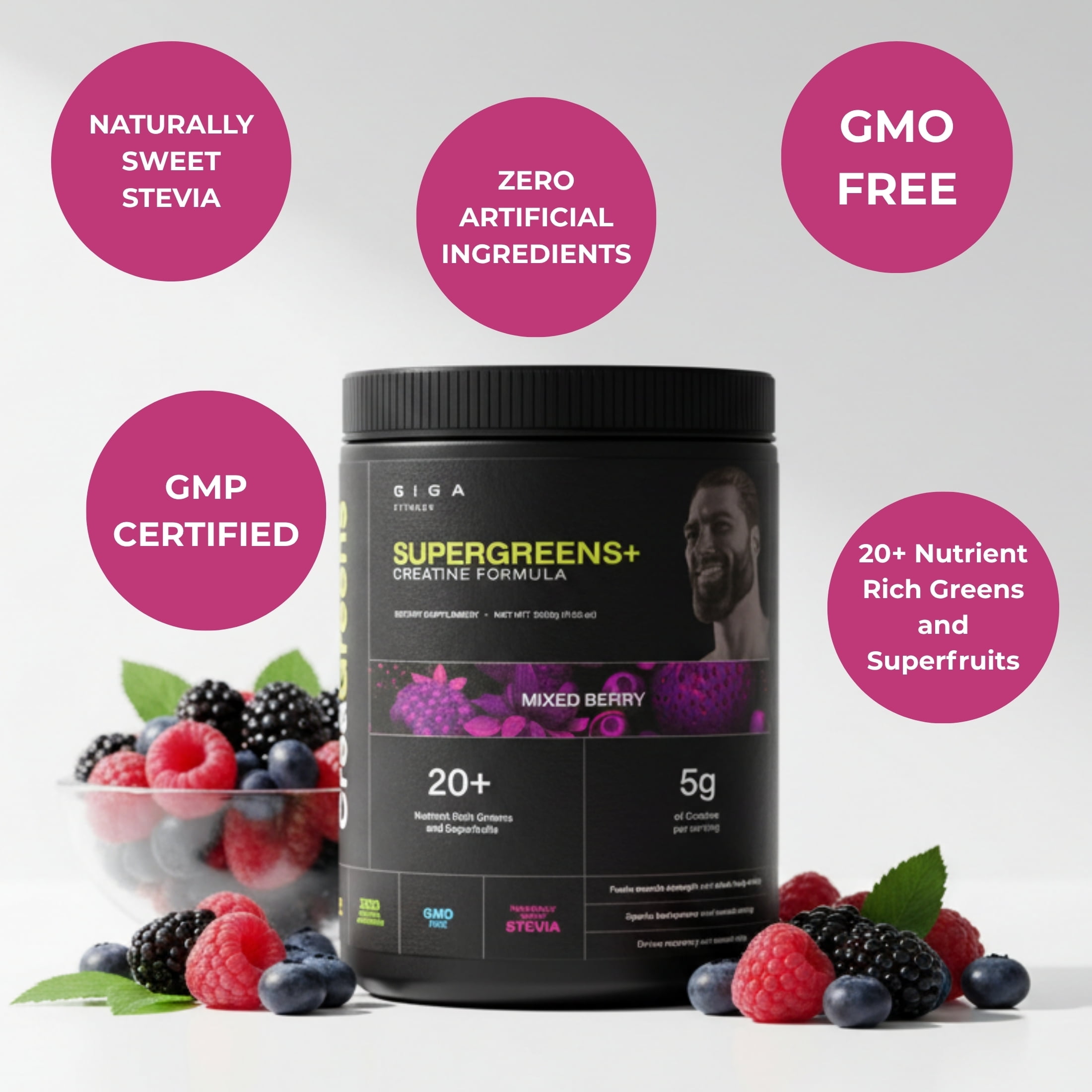 Giga Fitness CreaGreens, Creatine Monohydrate + Superfood Greens Powder, Mixed Berry, 35 Servings