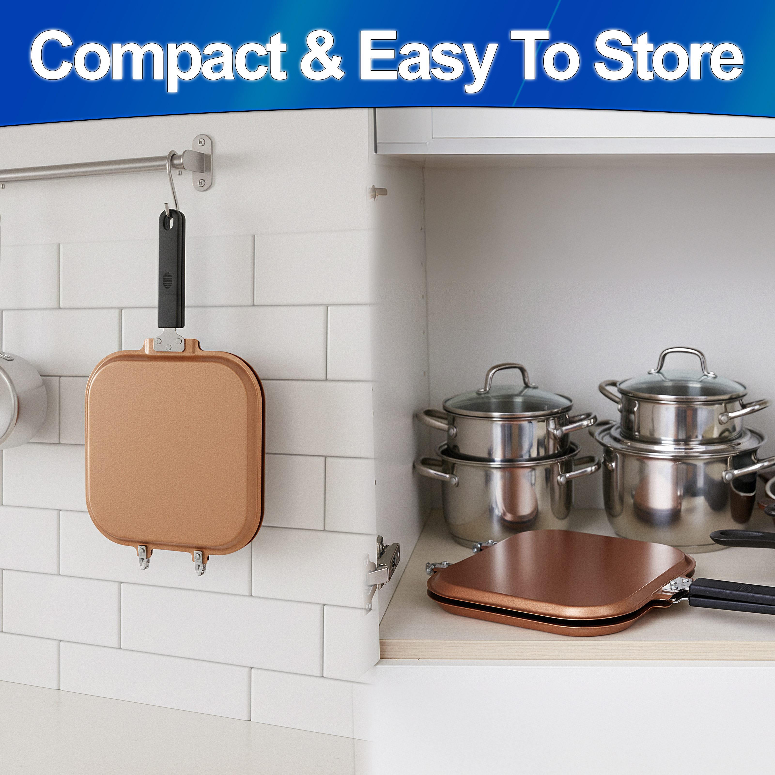 4 Mold Flip Pancake Pan - Dual-Sided Griddle, Copper Nonstick Aluminum Body and Reinforced Hinges, Compact Fold Flat Storage for RVs, Small Kitchens & Apartments